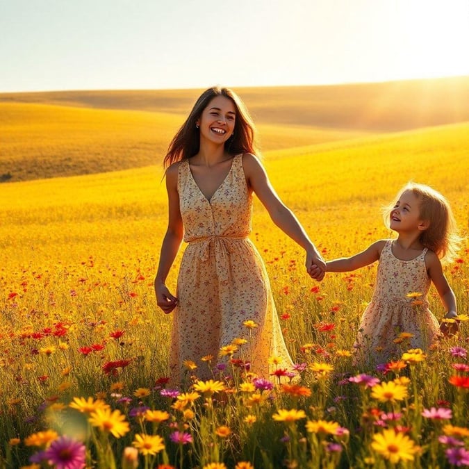 A woman and her daughter enjoying a sunny day in the fields, holding hands. A heartwarming image for this special day.