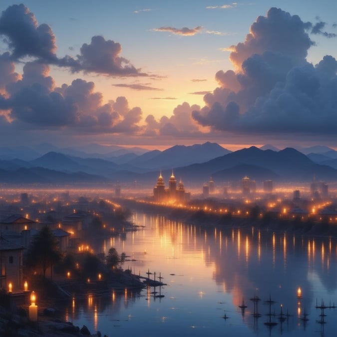 A breathtaking night view of a city skyline at dusk. The soft glow of floating candles reflects off the water, creating an enchanting ambiance. Distant mountains rise in the background against a backdrop of clouds and warm hues in the sky.