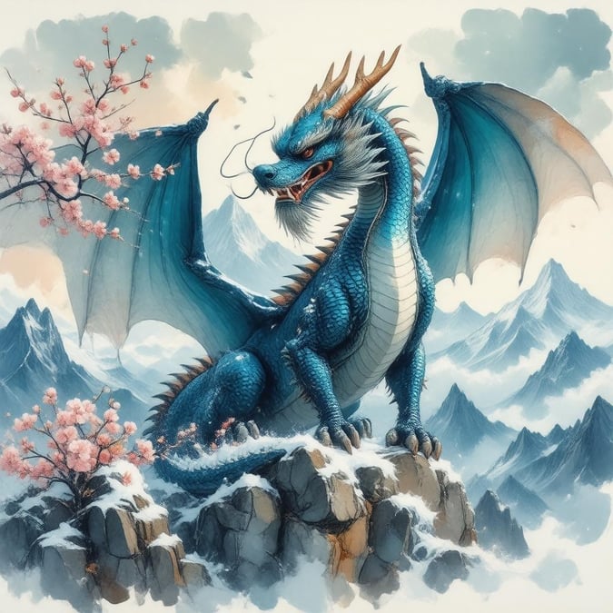 Immerse yourself in the serene beauty of this anime-style dragon illustration, perched on a snow-capped mountain amidst fluttering cherry blossoms, set against a backdrop of calming blues and greens.