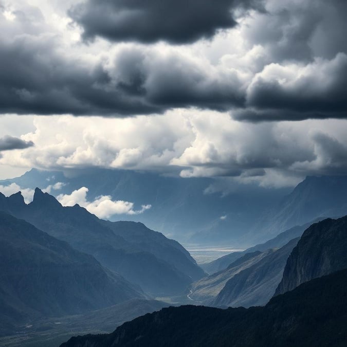 Explore the breathtaking beauty of the mountains in this stunning wallpaper. The storm clouds add a dramatic touch to the panoramic view, making it perfect for desktop and mobile backgrounds. Let this image take you on an adventure through nature's grandeur.