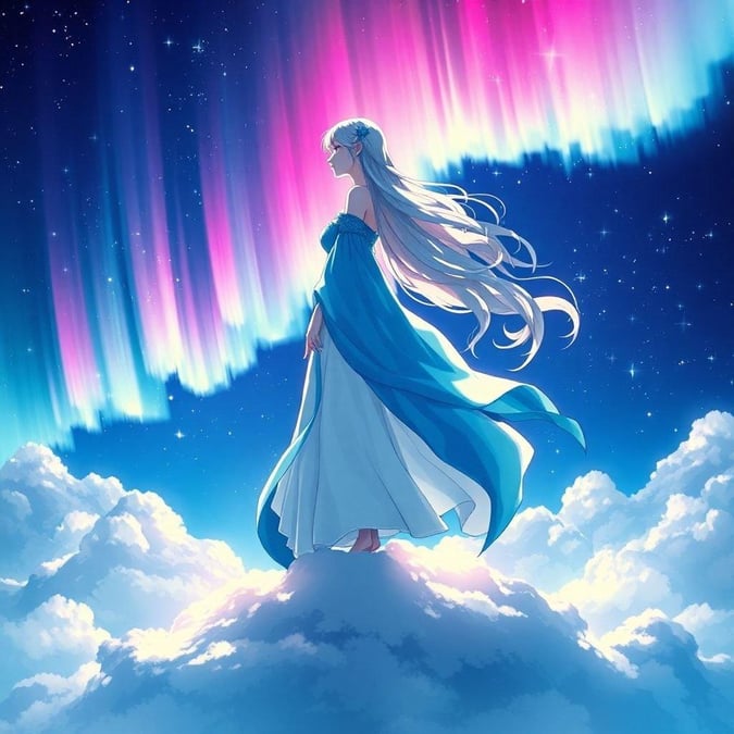 Tauchen Sie ein in die atemberaubende Schönheit dieses anime-inspirierten Hintergrunds, der eine majestätische Frau zeigt, die auf einer Wolke inmitten einer himmlischen Landschaft steht, mit dem lebhaften Polarlicht als atemberaubendem Hintergrund.