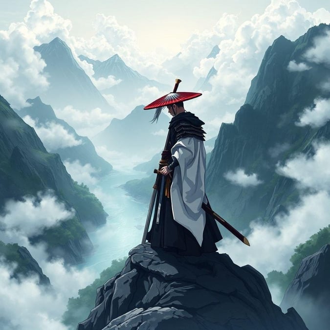 Ein Samurai hält inne, um die majestätische Schönheit der Natur zu genießen, während er an einem Gebirgspass steht. Der Nebel und die Wolken verleihen der Szene eine geheimnisvolle Atmosphäre und machen sie noch friedlicher.