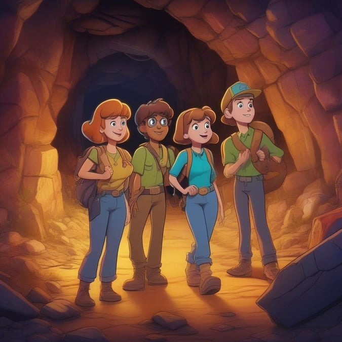 Four cartoon friends are on an exciting adventure through a cave, armed with backpacks and gear.