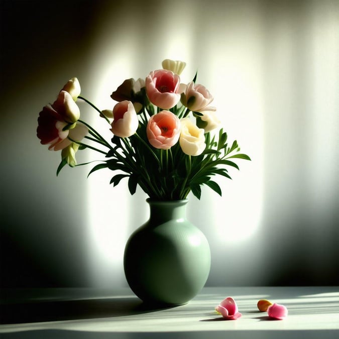 Delicate bouquet of pink, white, and yellow tulips in a green vase.