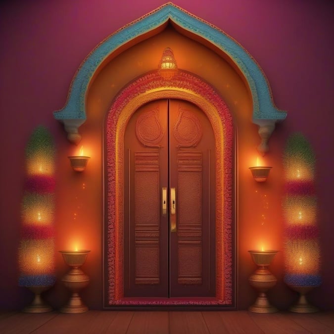 This image is a beautiful representation of a doorway decorated for Diwali, the Hindu festival of lights. The doorway is adorned with intricate carvings and colorful lights, creating a warm and inviting atmosphere.