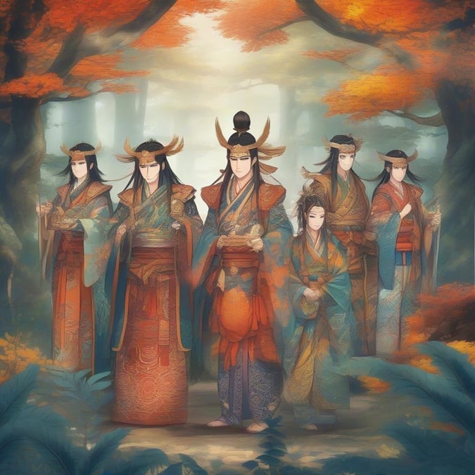 This anime wallpaper features a group of mythical warriors in traditional attire, adorned with intricate patterns and vibrant colors, engaged in a ceremonial ritual under a misty forest with a large tree in the background.