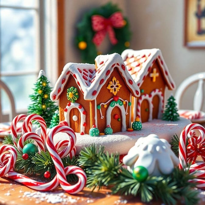 A festive scene of a gingerbread village with candy decorations, perfect for holiday cheer.