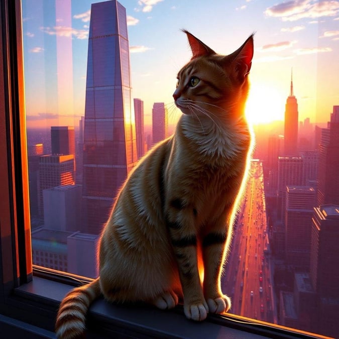 The glowing city skyline at dusk, with the soft silhouette of a cat perched on the ledge, gazing out.