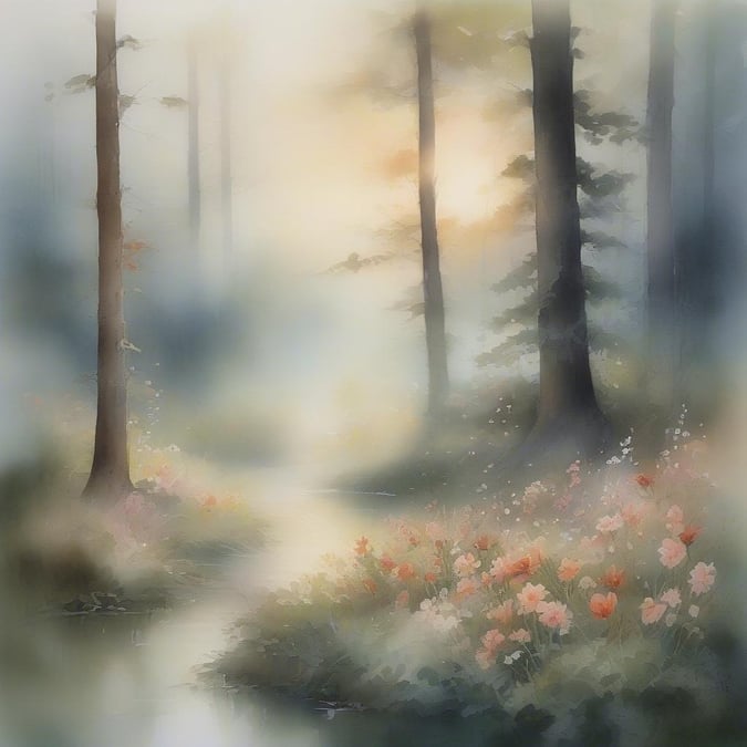 A tranquil walk through the misty woods, where art meets nature in a beautiful tableau.