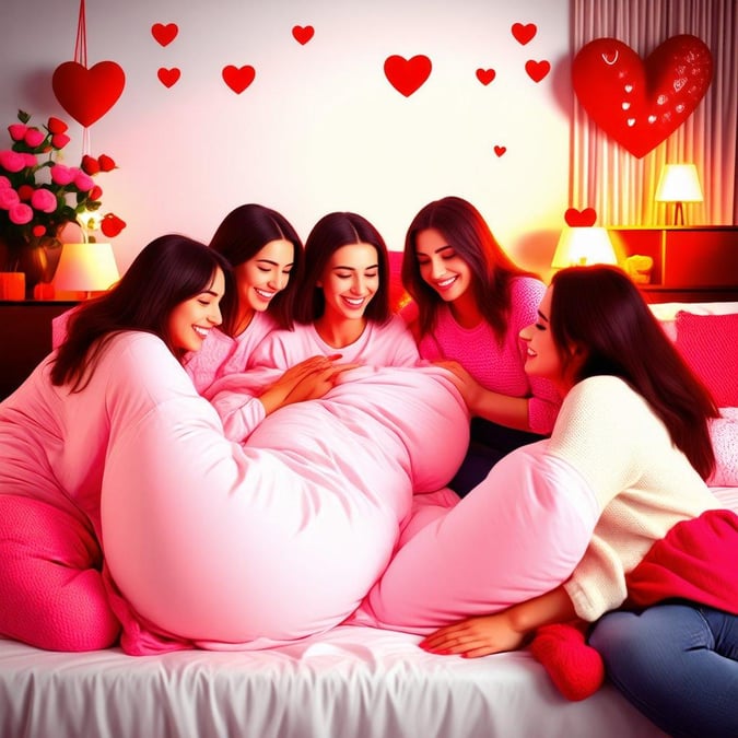 Five friends enjoying their Valentine's Day in pink onesies, sharing a hearty laugh and embracing the day with joy.