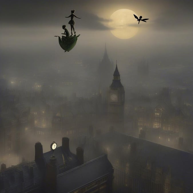 A scene from 'Peter Pan' where Peter Pan and his fairy companion sprinkle pixie dust, soaring above a foggy London at night. The clock tower of Big Ben silhouetted against the full moon creates an enchanting backdrop for this magical moment.