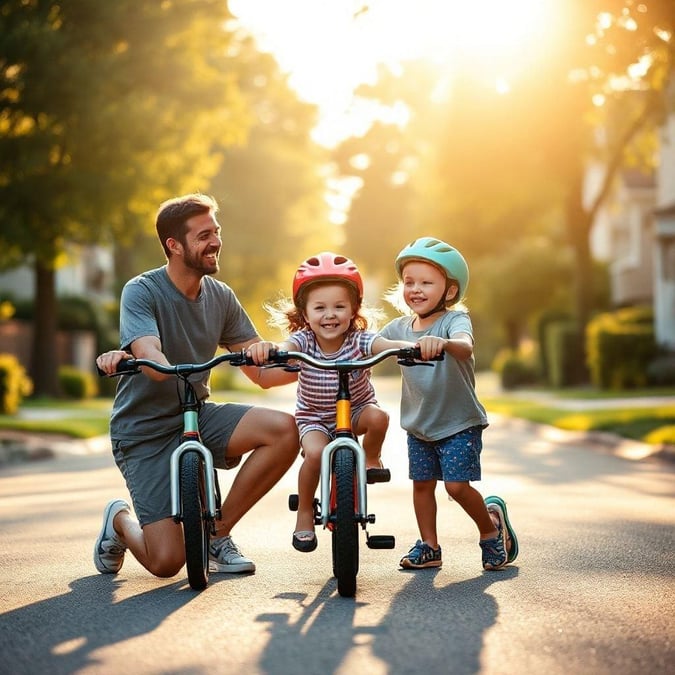 A father helps his children learn to ride bikes, creating a special bonding moment on a sunny day.