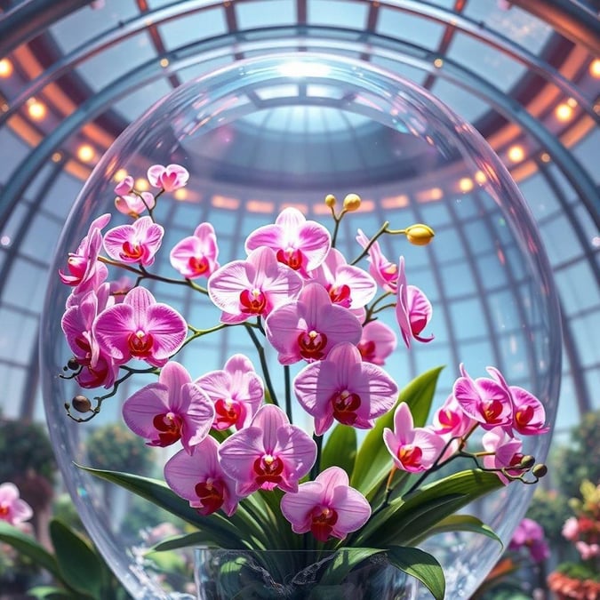 A beautiful pink orchid plant in a glass dome, perfect for adding a touch of elegance to your desktop or mobile wallpaper.