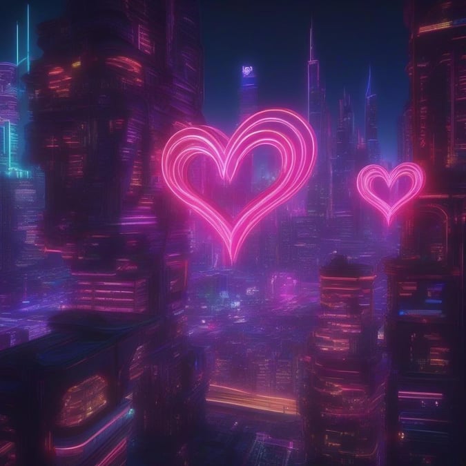 A vibrant neon city skyline at night, where love sparkles like glowing hearts in the heart of the city.