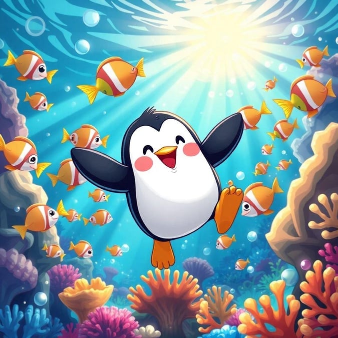 Join this playful penguin on an exciting dive into the depths of a vibrant ocean, where he's met by a school of friendly fish.