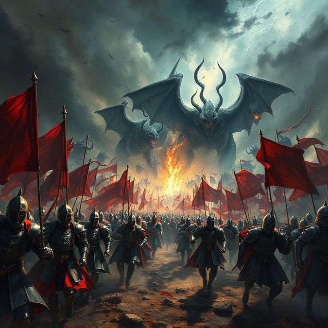 In a world where mythical creatures reign, warriors face off against a massive dragon-like creature in an epic battle. The scene is set in a stormy landscape with red flags fluttering amidst the chaos of battle.