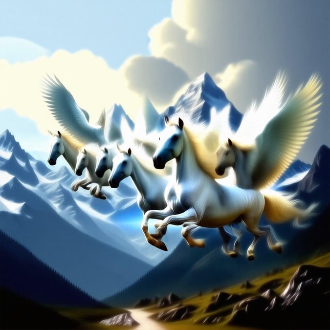 In this enchanting scene, four horses are shown soaring above a majestic mountain range. Each horse is adorned with wings, adding to the magical and dreamlike quality of the image. The vibrant colors contrast beautifully against the backdrop of the mountains, creating a sense of wonder and serenity. This wallpaper would be perfect for those who enjoy the fantasy genre or simply appreciate a captivating and imaginative scene.