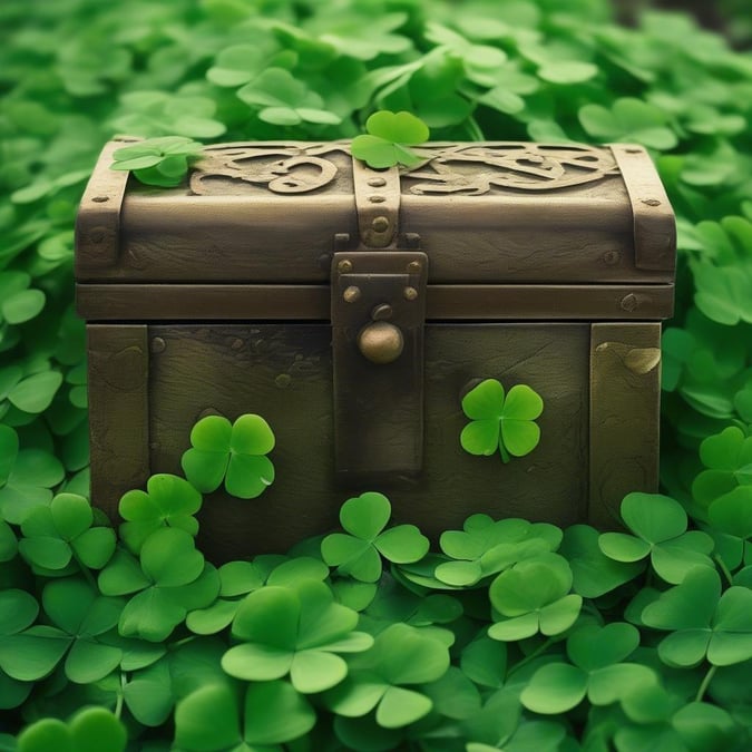 Get into the St. Patrick's Day spirit with this treasure chest wallpaper, featuring a treasure chest surrounded by shamrocks. Perfect for desktop and mobile use.