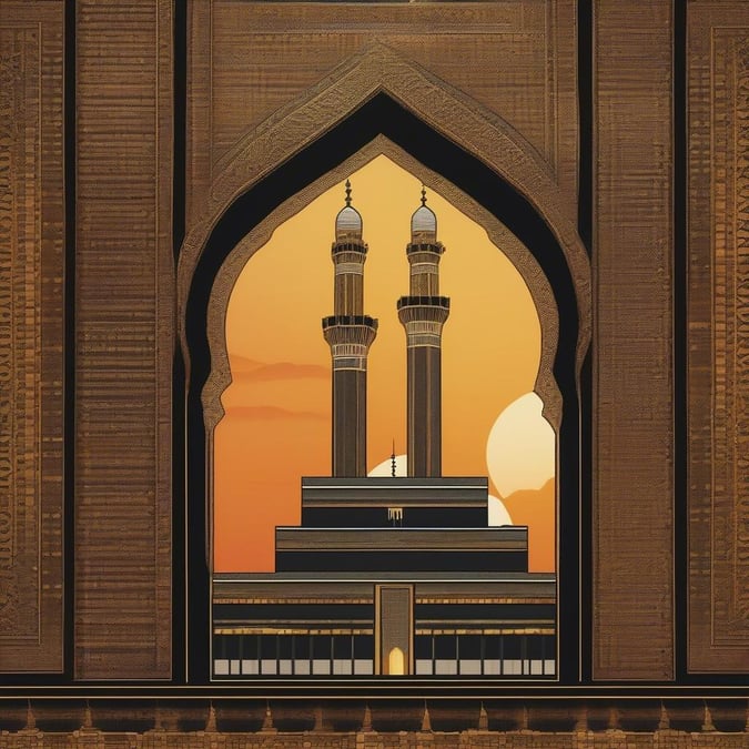 This captivating scene showcases the grandeur of an Islamic mosque during Ramadan as the day transitions to night. The golden walls and domes shimmer under the warm glow of the setting sun, evoking a sense of tranquility and reverence. The intricate designs in the architecture are illuminated by the soft light, highlighting their detail and craftsmanship.