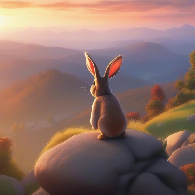 A peaceful scene of a rabbit sitting on a rock, taking in the breathtaking view of the surrounding mountains.