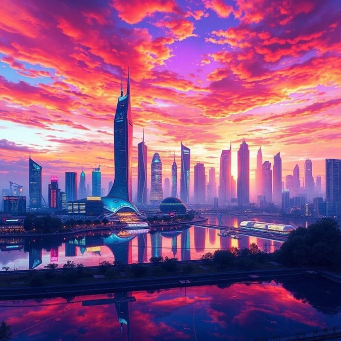 Découvrez les couleurs vibrantes et les lumières néon de ce paysage urbain inspiré de l'anime au coucher du soleil. L'illustration numérique détaillée présente une ville futuriste avec un grand lac au premier plan, entourée de bâtiments et de structures qui reflètent le ciel coloré.