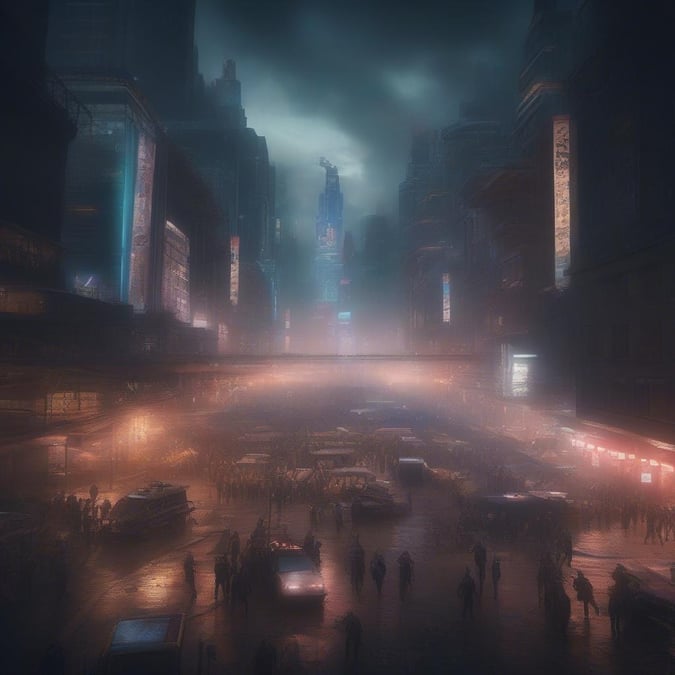 A bustling city street nears nightfall, with towering skyscrapers reaching into the stormy sky. Amidst the crowd of pedestrians and vehicles, one might find a blend of futuristic design elements like neon signs and digital advertisements, evoking a cyberpunk ambiance. The city's lights reflect on the wet streets, illuminating the scene with an ethereal glow. This wallpaper captures the essence of urban life in the genre of cyberpunk.