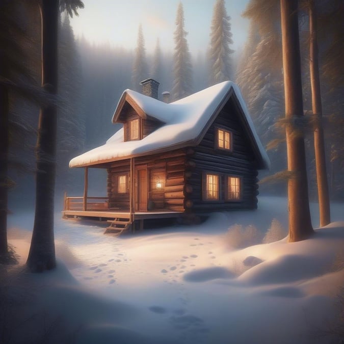 A cozy cabin nestled in a snowy forest, bathed in the warmth of its glowing lights.