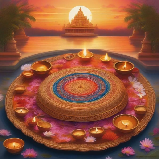 This artwork captures the vibrant spirit of Diwali, a major festival in Hinduism known for its bright lights and candles. A temple stands as the backdrop under the radiant sunset, reflecting off the serene water. The floating flowers add to the festive atmosphere of this sacred celebration.