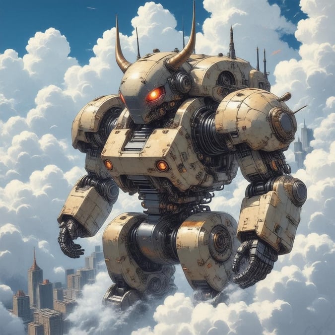 This anime-style mecha robot illustration is a stunning representation of futuristic technology and steampunk elements. With its intricate mechanical details and glowing red eye, this robot is sure to capture your attention. The background of fluffy clouds adds depth and visual interest to the scene, making this image a perfect fit for any anime fan.