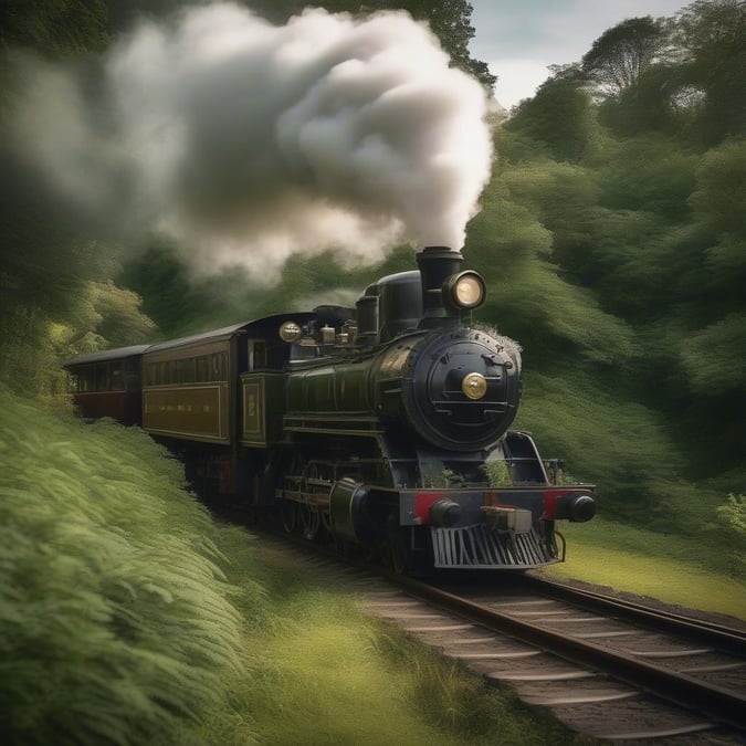 A vintage steam locomotive traveling through a lush forest with verdant greenery, evoking the romance and nostalgia of historic railway adventures.