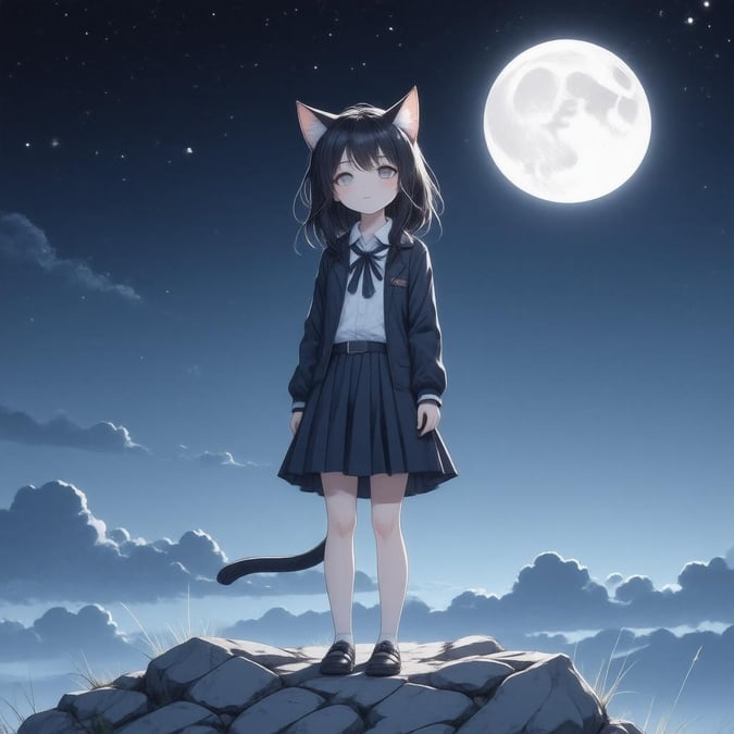 Experience the enchanting world of anime with this captivating wallpaper featuring a shy high school girl transformed into a cat, standing on a rocky outcrop under the serene glow of a full moon.