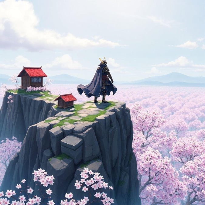 A poised samurai overlooks the breathtaking landscape of cherry blossoms under a calm sky. Amidst the tranquility, he stands atop a cliff, a solitary guardian in his quest.