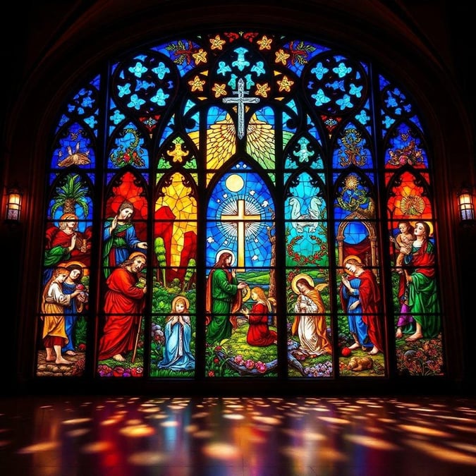 A vibrant stained glass window celebrating the Easter holiday, with scenes from the Christian narrative.