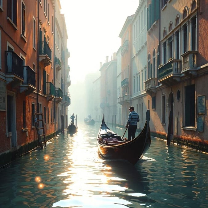 This stunning wallpaper captures the essence of Venice, Italy, shrouded in mist. The image showcases a serene gondola ride through the city's canals, surrounded by historic buildings and bridges. The misty atmosphere adds a sense of mystery and romance to the scene, making it a perfect desktop and mobile wallpaper for those who love travel and adventure.