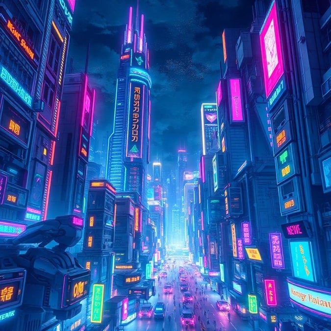 Dyk ner i den livfulla världen av anime med denna fantastiska stadsscape bakgrund, som har höga robotar och neonskyltar.