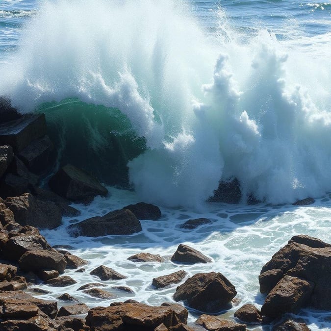 A dynamic beach scene with waves crashing against rocks.