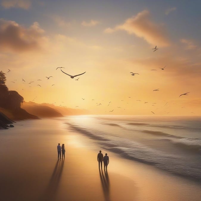 A romantic scene where two people share a moment at sunset. Watch the sky turn to hues of gold as seagulls fly by, creating an atmosphere of tranquility and love.