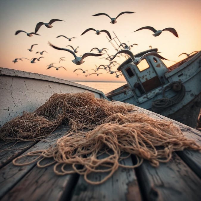 A tranquil seaside scene with a flock of seagulls flying in formation near a fishing boat, as the sun sets in the distance.