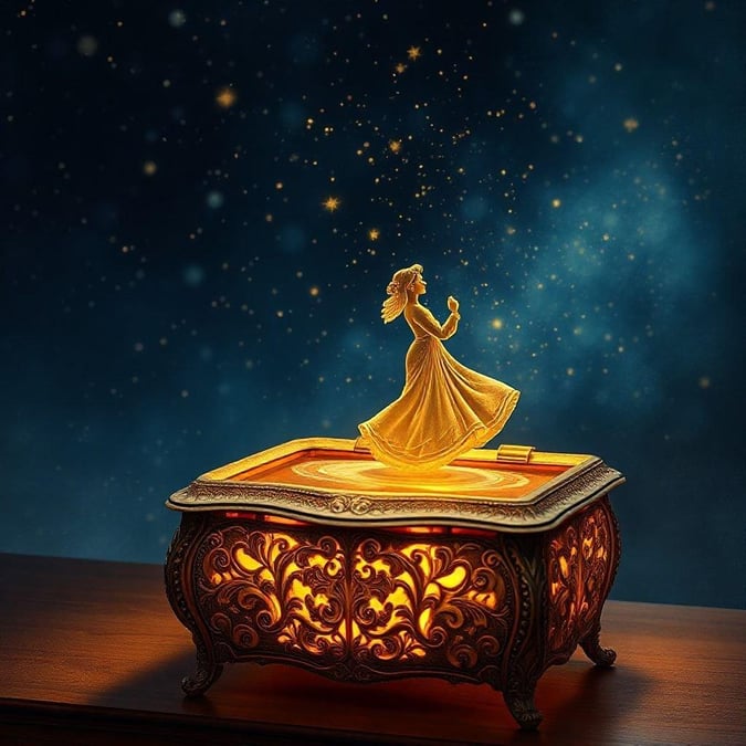 Add a touch of enchantment to your digital space with this beautiful wallpaper featuring Belle and the Beast from Disney's timeless classic. The scene is set against a twinkling night sky, with Belle gracefully dancing atop an ornate wooden chest, as the Beast looks on in admiration.