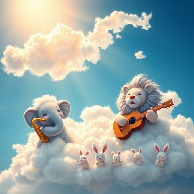 This whimsical wallpaper features a playful scene of an elephant and a lion playing music on a fluffy cloud, surrounded by cute bunnies. The image is a delightful combination of art and illustration, perfect for adding a touch of fun and creativity to any desktop or mobile device.