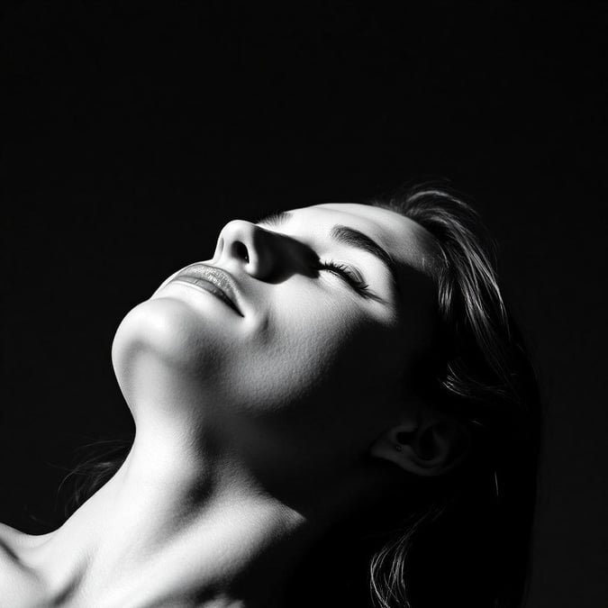 A black and white wallpaper featuring the back of a woman's head as she closes her eyes in a moment of tranquility, with her neck stretched upward towards a soft light source.