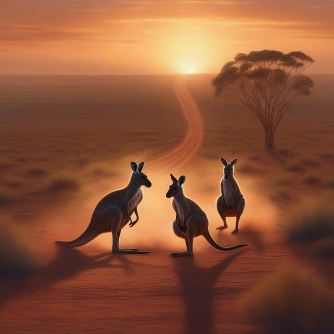 Three kangaroos embark on a sunset road trip in the Australian outback. With their iconic hopping, they traverse the vast desert landscape under the setting sun.