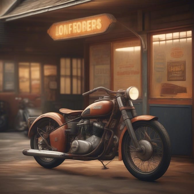 A classic motorcycle parked in front of a vintage car dealership, creating an atmosphere of nostalgia and adventure.