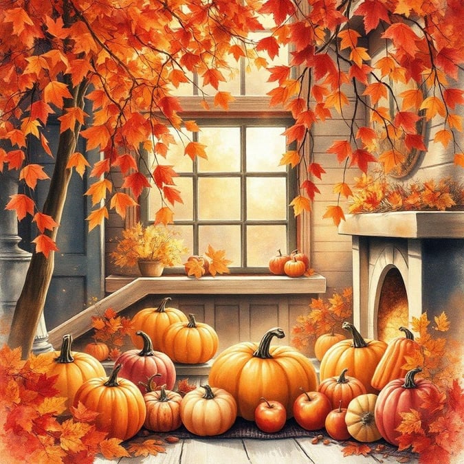 A festive autumn scene featuring pumpkins and maple leaves, perfect for Thanksgiving decor.