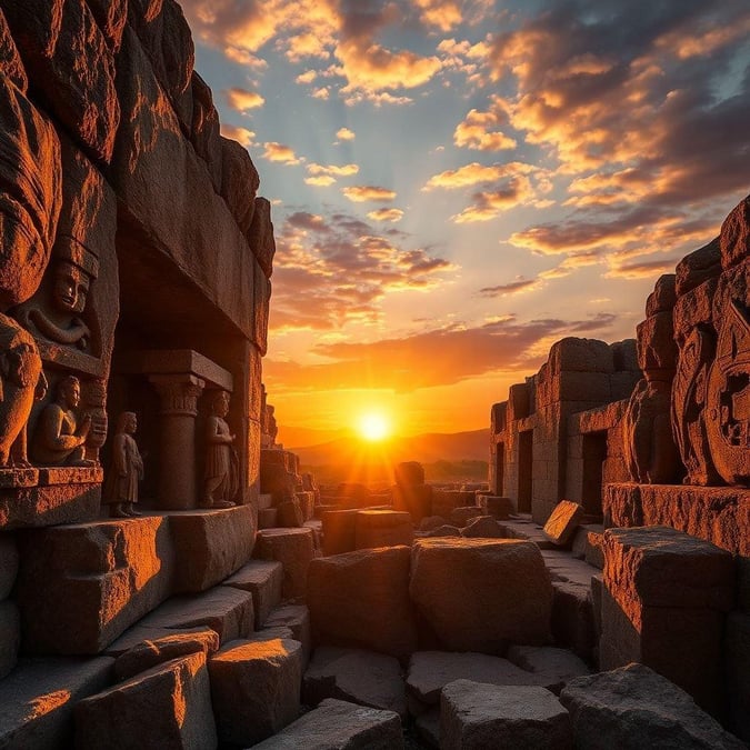 A breathtaking sunset over the ancient ruins of Hattusa, Turkey. The warm glow of the setting sun casts long shadows and illuminates the historical landmark from a new angle.