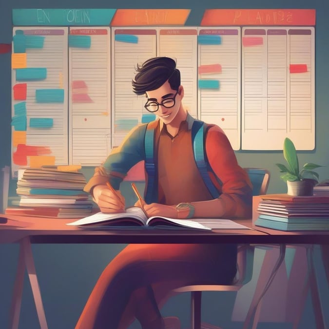 In the spirit of 'Back to School', this wallpaper captures an everyday moment where focus meets dedication. A student, equipped with a blue backpack, sits engrossed in his studies at a desk draped with books and papers.