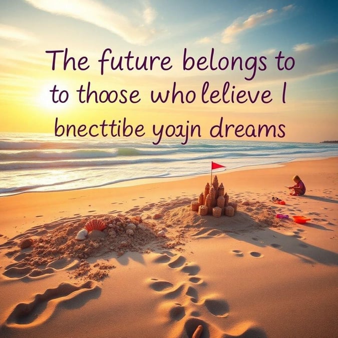 This serene beach scene embodies the quote that 'the future belongs to those who believe in their dreams'. The calm ocean waves, the beautiful sunset and the playful sandcastle remind us of the importance of pursuing our passions and believing in ourselves.