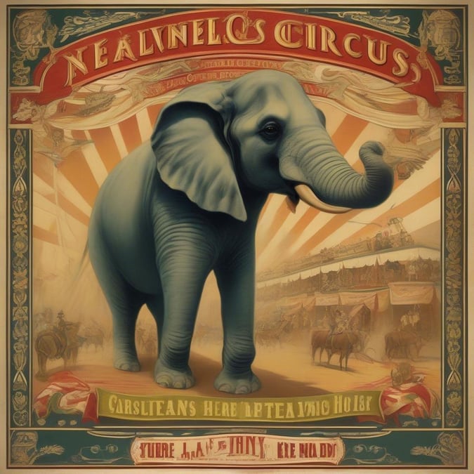 A vibrant poster for Nealnelo's Circus featuring a majestic elephant in a whimsical circus setting.