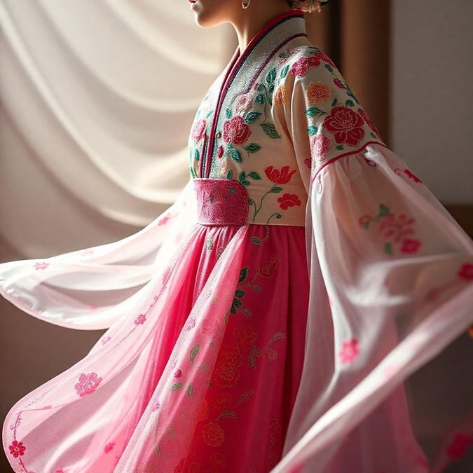 This beautiful image captures the elegance of traditional Korean clothing known as a hanbok. The vibrant pink and white dress features intricate designs, including floral patterns and detailed embroidery, showcasing the rich cultural heritage of Korea.