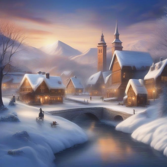 A serene winter scene featuring a snow-covered village, a tranquil river, and a majestic church steeple, evoking a sense of peace and tranquility.